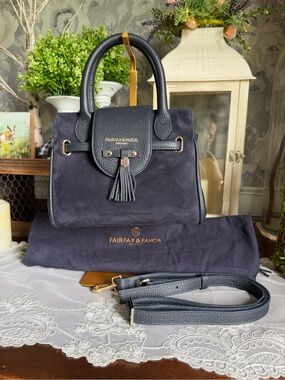 Fairfax & Favor Navy Suede Tassel Satchel Purse Handbag with Leather Trim